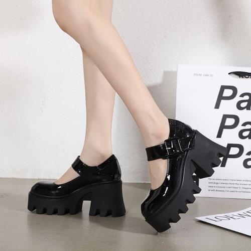Black Patent Leather Platform Shoes Spring Ladies Mary Jane Shoes Women Buckle Strap Lolita Shoes Fashion High Heels Women Pumps