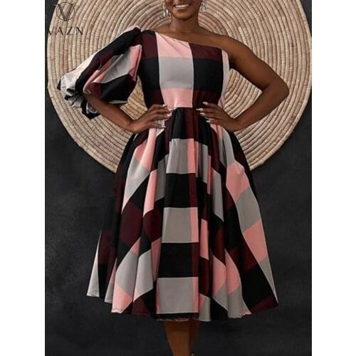 VAZN 2021 Top Quality Classic Plaid Young Elegant Half Sleeve One Off Shoulder Plus Size High Waist Women Ball Gown Midi Dress