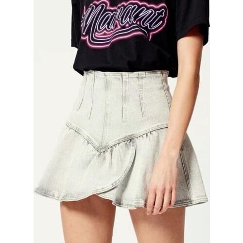 2021 Spring Summer Women Denim Mini Skirt Lady High Waist Slim Ruffles Trim Short Skirts With Zipper