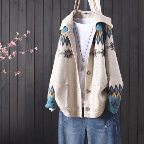 2021 female autumn and winter knitted button jacquard pocket long sleeve knitted cardigan women commuter art sweater coat