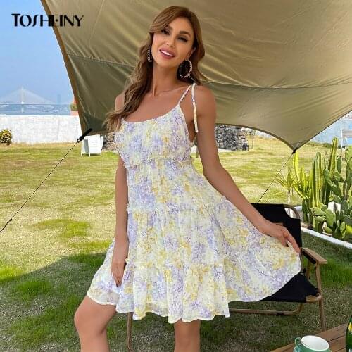 Tosheiny 2021 Summer Floral Print Spaghetti Strap Women Mini Dress Off Shoulder Sexy Backless Sleeveless Elegant Vestidos DM0121