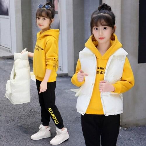 Winter Thicken Warm Casual Kids Girls Clothes 3 Piece Sets Down Vests+Hooded Sweatshirts+Trousers Children Girls Outfits 4-13T