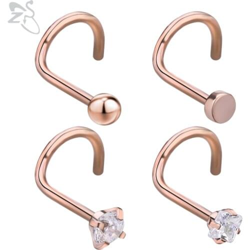 ZS 4PC/Lot Rose Gold 5-Shape Nose Stud with Round&Square Cubic Zircon for Women Shinning Crystal Nose Piercing Jewelry Accessory