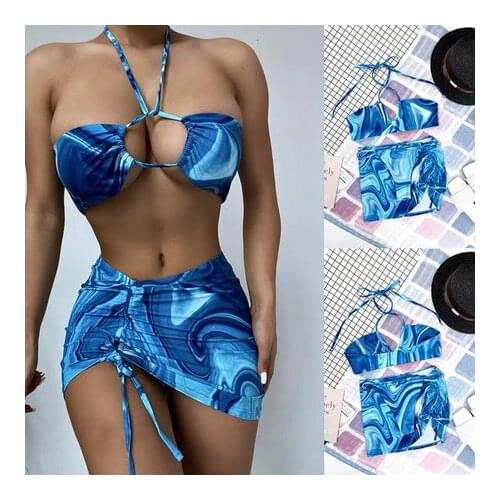3PCS Sexy Summer Bikini Sets With Cover-up Skirt Swimwear Womens Swimsuit 2021 Bathing Suit Halter Beachwear Mujer Beachwear