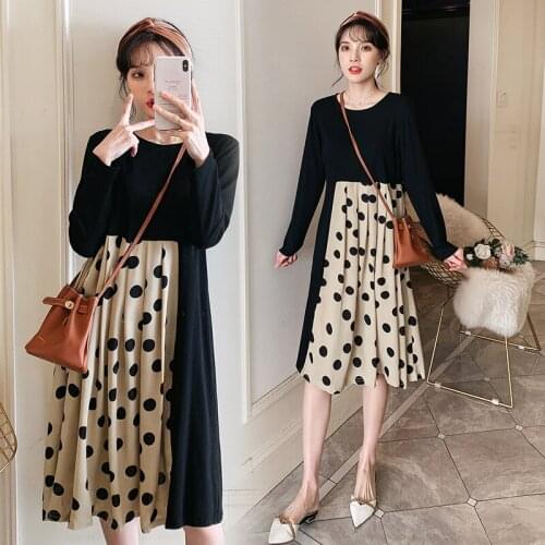 3149# Maternity nursing Clothes Spring Autumn Long Sleeves O Neck Patchwork Loose Dot Printing Dress for Pregnant Women