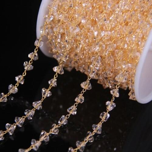 5Meters 6mm Champagne Glass Heart Beads Rosary Chains Supplies,Gold Plated Wire Wrapped Faceted Glass Chain DIY Necklace Jewelry