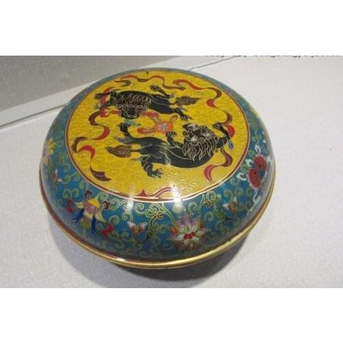 Chinese Palace Copper Bronze cloisonne enamel Foo Dog Lion Tea Box Case Plate