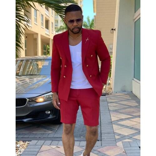 Red Men Suits Double Breasted Jacket Short Pants 2 Piece Summer Stylish Wedding Prom Casual Beach Slim Fit Groom Tuxedos Blazer