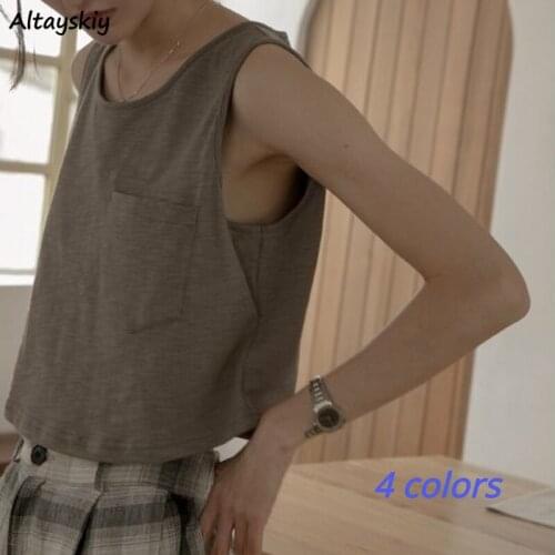4 Colors Tanks Women Pockets Basic Simple Korean Style Chic Trendy Ulzzang All-match Female Crop Top Summer Teen College BF Soft