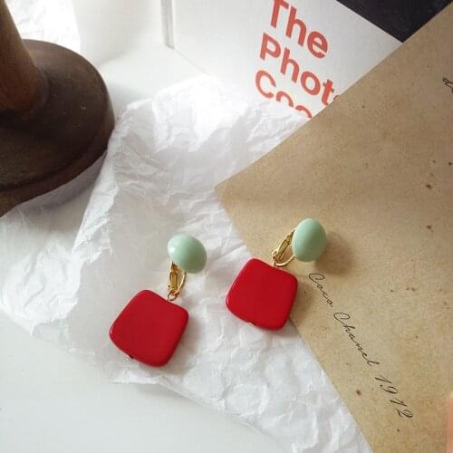 Trendy Stylish Geometric Round Green Red Square Resin Stone Shape Clip On Earrings Without Piercing for Women Lady Brincos