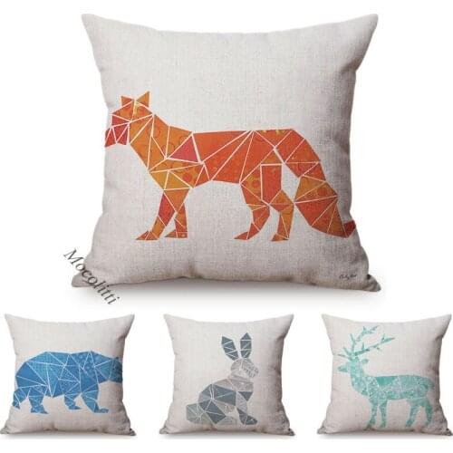 Simplicity Geometric Animals Home Decoration Sofa Throw Pillow Case Rabbit Deer Bear Fox Style Cotton Linen Square Cushion Cover