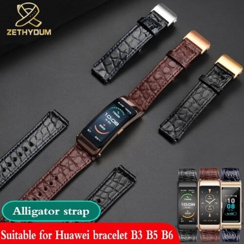 Smart watchband top layer Crocodile skin for Huawei B3 B5 B6 series smart 15mm 16mm leather strap Mens and womens accessories