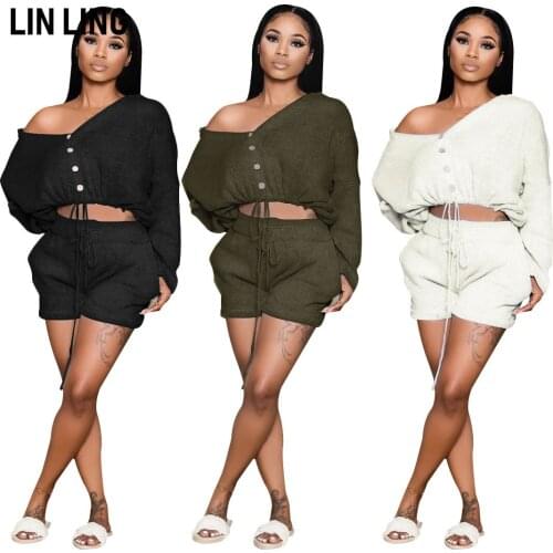 Knitted V-Neck Long Sleeve Button Strap Navel Top + Lace Up Straight Shorts Casual Street Style Outfits for Women