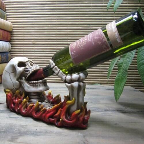 Unique Flame Skull Sculpture Wine Bottle Holder Decorative Ployresin Cranium Kitchenware Gift and Craft Ornament Accessories