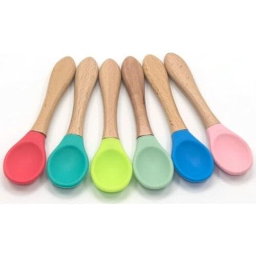 5PCS Baby Bamboo Training Spoons Organic Soft Baby Feeding Silicone Tip Spoon Scoop Easy Grip Handle Toddlers Infant Gifts