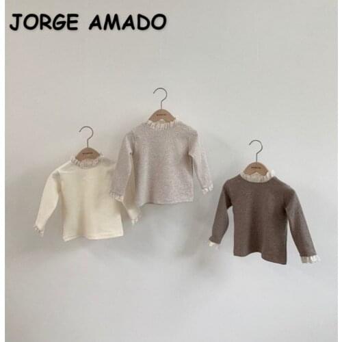 2021 New Korean Style Autumn Girls Bottomed Shirts White Grey Long Sleeves Lace Collar Blouses Sweet Children Clothes E1805