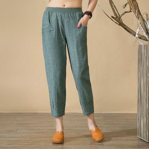 Spring Solid Casual Women Cotton Linen Pants Elastic High Waist Ladies Trousers Female Ankle Length Loose Harem Pants