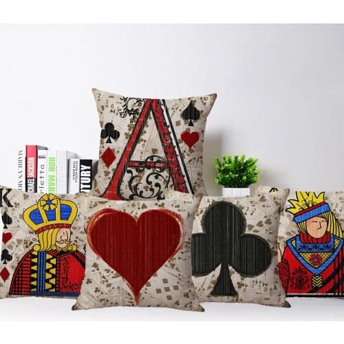 Vintage Style Poker Cushion Cover Heart Beige Linen Pillow Case Decor Sofa Kissenbezug Home Decoration 45X45cm