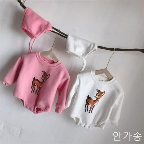 Baby Jumpsuits 2021 Spring and Autumn Warm Plus Fluff Round Neck Fawn Cute with Hat Girls and Boys Baby Climbing Suit