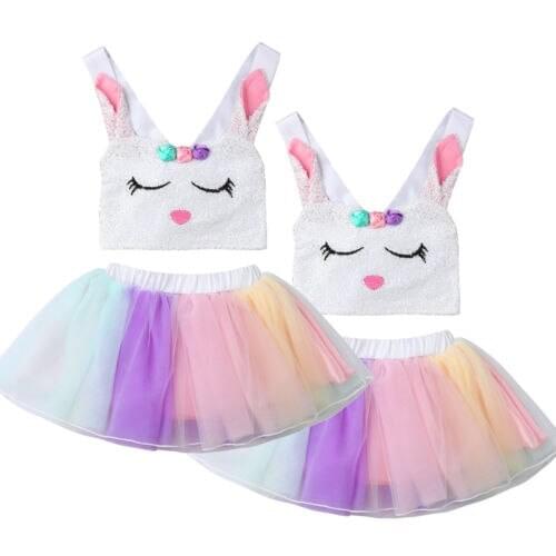Pudcoco US Stock Baby Girls Kids Rabbit Cartoon Sleeveless Top Rainbow Skirt Fancy Tutu Dress Cosplay Costume Dress