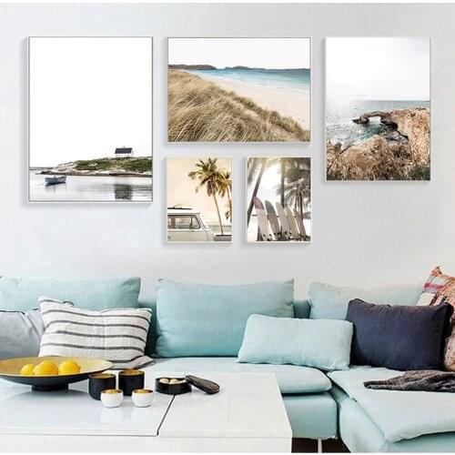 Art Painting Seascape Picture Wall Decoration Tropical Summer Sea Beach Travel Print Sunset Coconut Surfboard Car Canvas