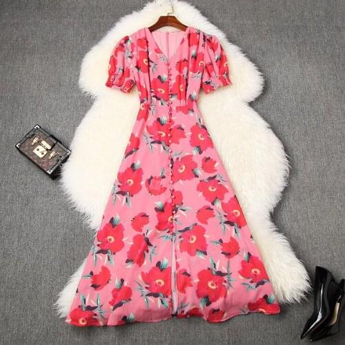 And American womens European clothing 2021 summer new style Short sleeve V neck flower print Fashionable slit dresses