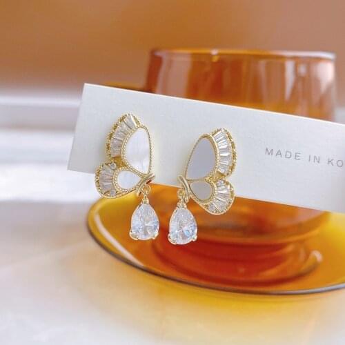 Exquisite Gold Plated Geometric Zircon Drop Butterfly Earrings for Women French Style Handmade Jewelry Korean Fashion Earrings