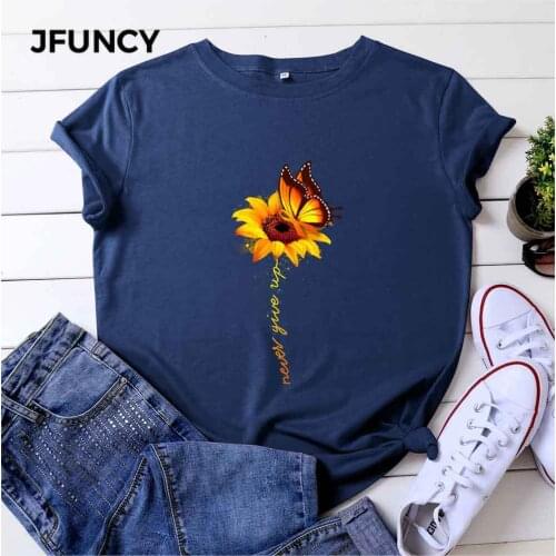 JFUNCY 5XL Plus Size Casual Loose Women Tees 2021 Summer Female Cotton T Shirt Woman Short Sleeve Tops Sunflower Print Tshirt