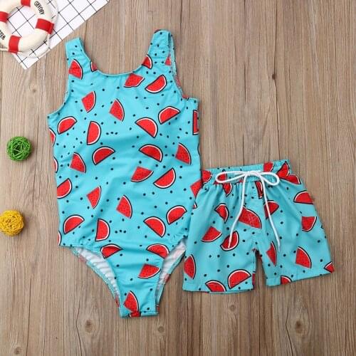 Mother and Son Boy Matching Watermelon Printed Bikini Swimsuit Swim Trunks and Monokini