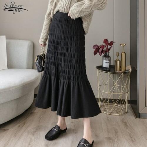 Fashionable Vintage A-type Office Lady Midi Skirt 2021 Autumn Winter High Waist Knitted Skirt Solid Cotton Pleated Skirt 17133