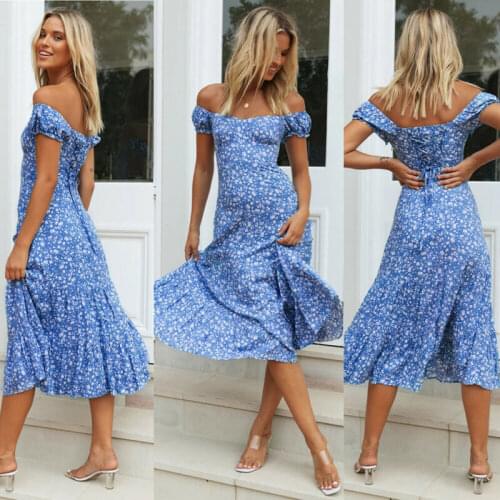 Fashion Women Summer Dress Boho Print Off Shoulder Casual Long Maxi Dress Holiday Evening Party Beach Dress Sundress