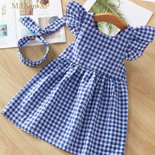 Girls Dress Flying Sleeve Plaid Dress+Headband Baby Girls Princess Kids Xmas Party Tutu Dress Cotton Newborn Costume