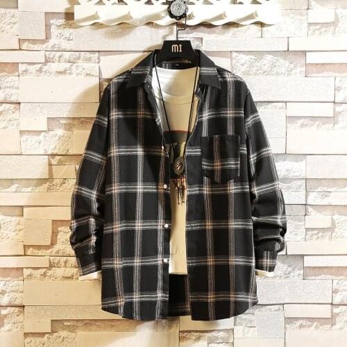 New Flannel Collar Korea Style Shirt for Mens Plaid Harajuku Clothing2021 Spring Autumn Long Sleeves