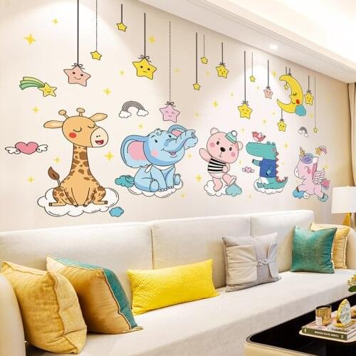 [SHIJUEHEZI] Animals Wall Stickers DIY Cartoon Stars Moon Wall Decals for Kids Rooms Baby Bedroom Nursery Home Decoration