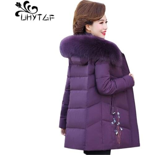 UHYTGF Womens jackets Fashion Embroidered Down jacket Thicken Winter Coat Hooded Casual Warm Parker 5XL plus size Outerwear 1065