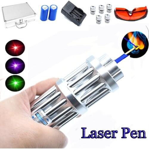 High Powerful Blue Laser 2w Torch 450nm 10000m Focusable Green Red Laser Pointer pen Flashlight burn match candle lit cigarette