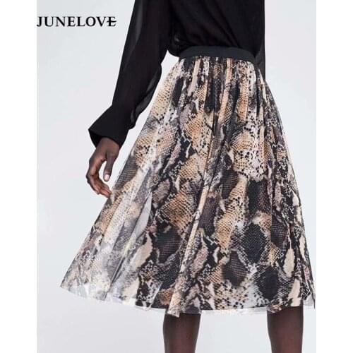 JuneLove Women Snake Long Maxi Skirts Vintage Animal Print Female Mesh Skirts High Waist Elastic Lady Skirts Bottoms Plus Size