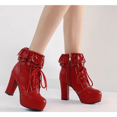 YMECHIC 5 Color Cosplay Block High Heels Lolita Shoes Cross Tied Ruffles Red Pink Party Womens Shoes Fashion Ankle Boots Winter