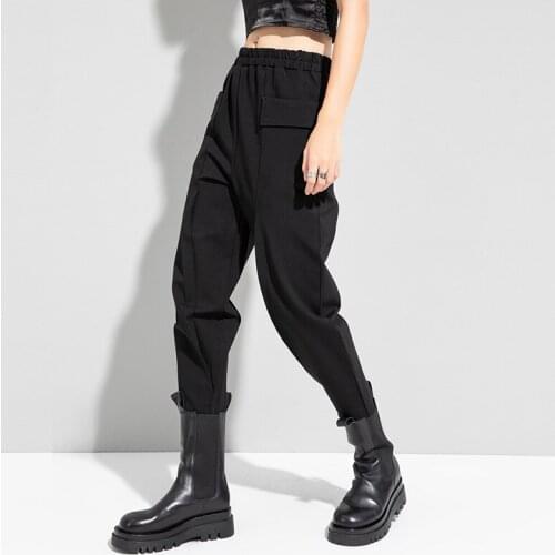Ladies spring and Autumn new classic dark personality pockets elastic waist tapered pants street casual size Harlan pants