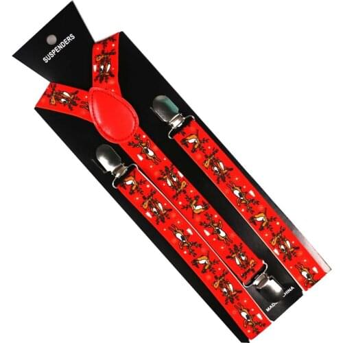 Winfox Fashion Red Deer Print Women Men Clip-on Adjustable Pants Elastic Y Back Suspender Braces