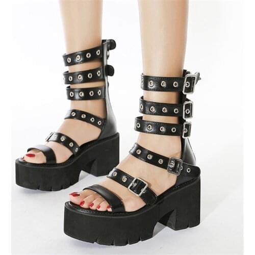 PXELENA Drop Ship 35-43 Retro Street Punk Rome Gothic Gladiator Sandals Women Buckle Hollow Out Chunky Platform High Heels Shoes