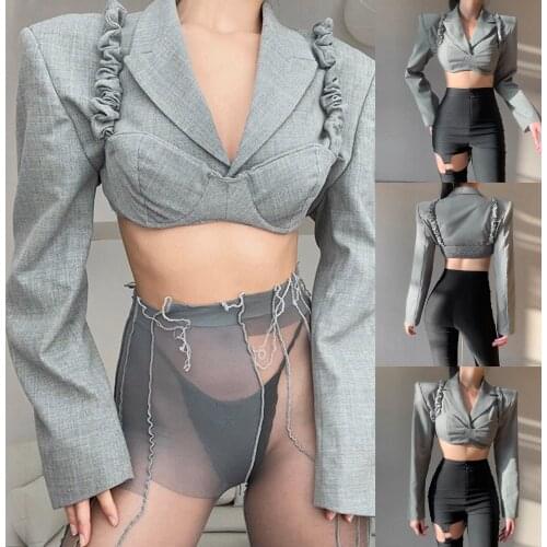 Women Sexy Two-piece V-Neck Folds Cloth Set Grey Solid Color Shoulder Pad Suit Jacket and Sweetheart Neckline Camisole 2021 New