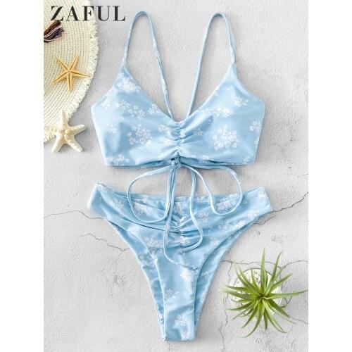 ZAFUL Ditsy Print Lace Up Bikini Set Women Tie Cami Swimsuit Summer Sexy Floral Bandage Bathing Suit Female Two Piece Swimwear