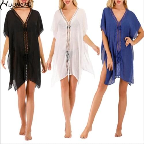Sexy Women V Neck Summer Chiffon Dress Hollow Out Fashion Short Sleeve Sun Protection Womens Beach Dress Elegant Clothes WBC09