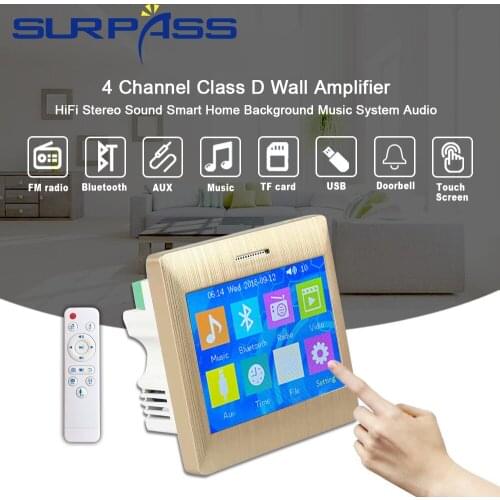 Touch Screen 4 Channel Class D Wall Amplifier Bluetooth FM Radio 25W HiFi Stereo Sound Smart Home Background Music System Audio