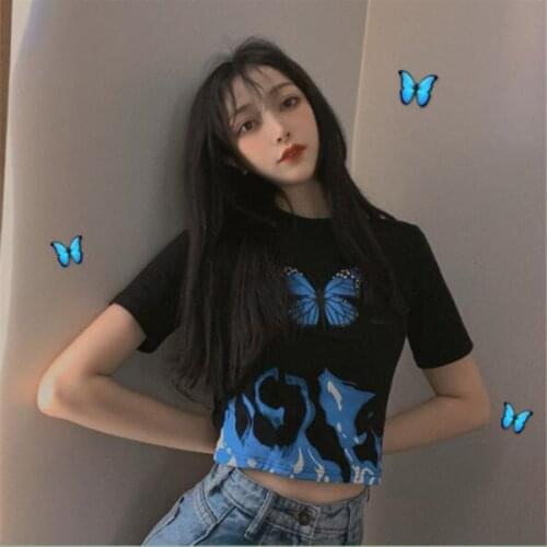 Spring Summer New T shirts Women Butterfly Print Short Sleeve O Neck T-shirt Women Short Length Tshirt Femme