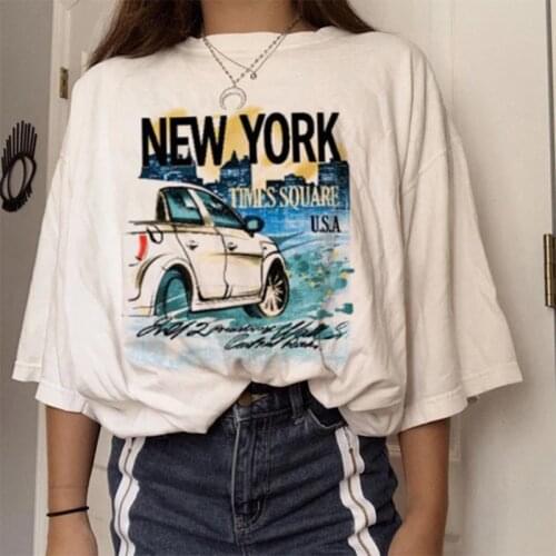 White Letter Car Print Oversized T Shirt Women Summer Vintage Loose Short Sleeve Tee Shirt Femme Casual Tshirts Plus Size Tops