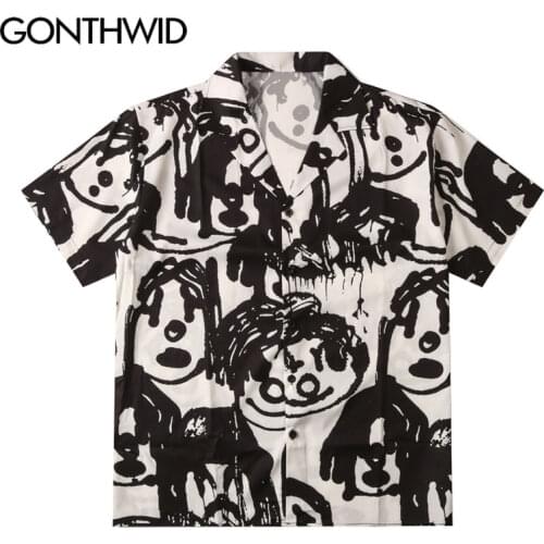 GONTHWID Hawaiian Beach Shirts Harajuku Graffiti Cartoon Print Shirt Streetwear Hip Hop Summer Casual Aloha Fashion Button Tops