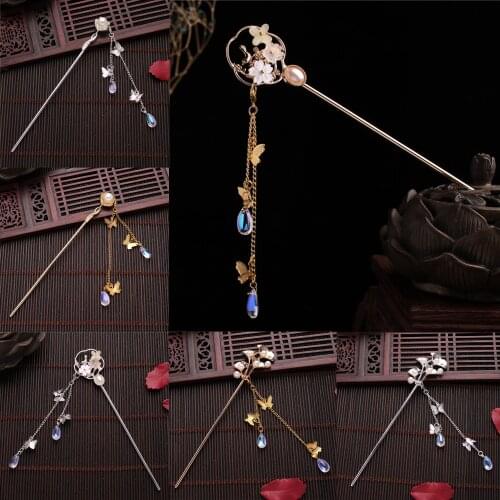 Chinese Hanfu Tiara Long Tassel Hair Stick for Women Hair Accessories Silver Color Flower Crystal Headpiece Hairpin Girl Jewelry