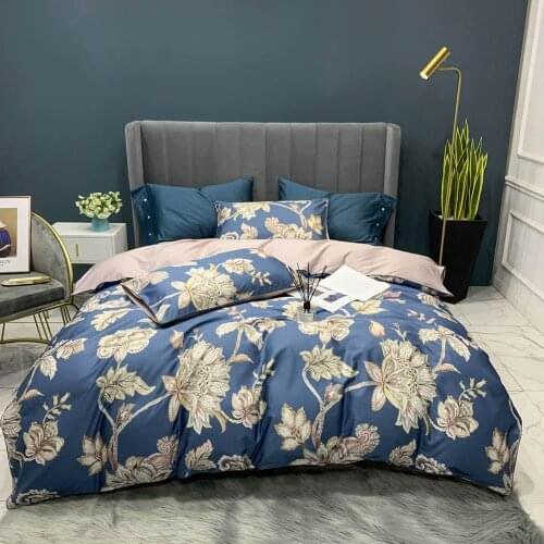 Papa&Mima Bohemian Flowers Blue Egyptian Cotton Bedding Set Full Queen King Size Bedlinens Fitted Sheet Pillowcase Duvet Cover
